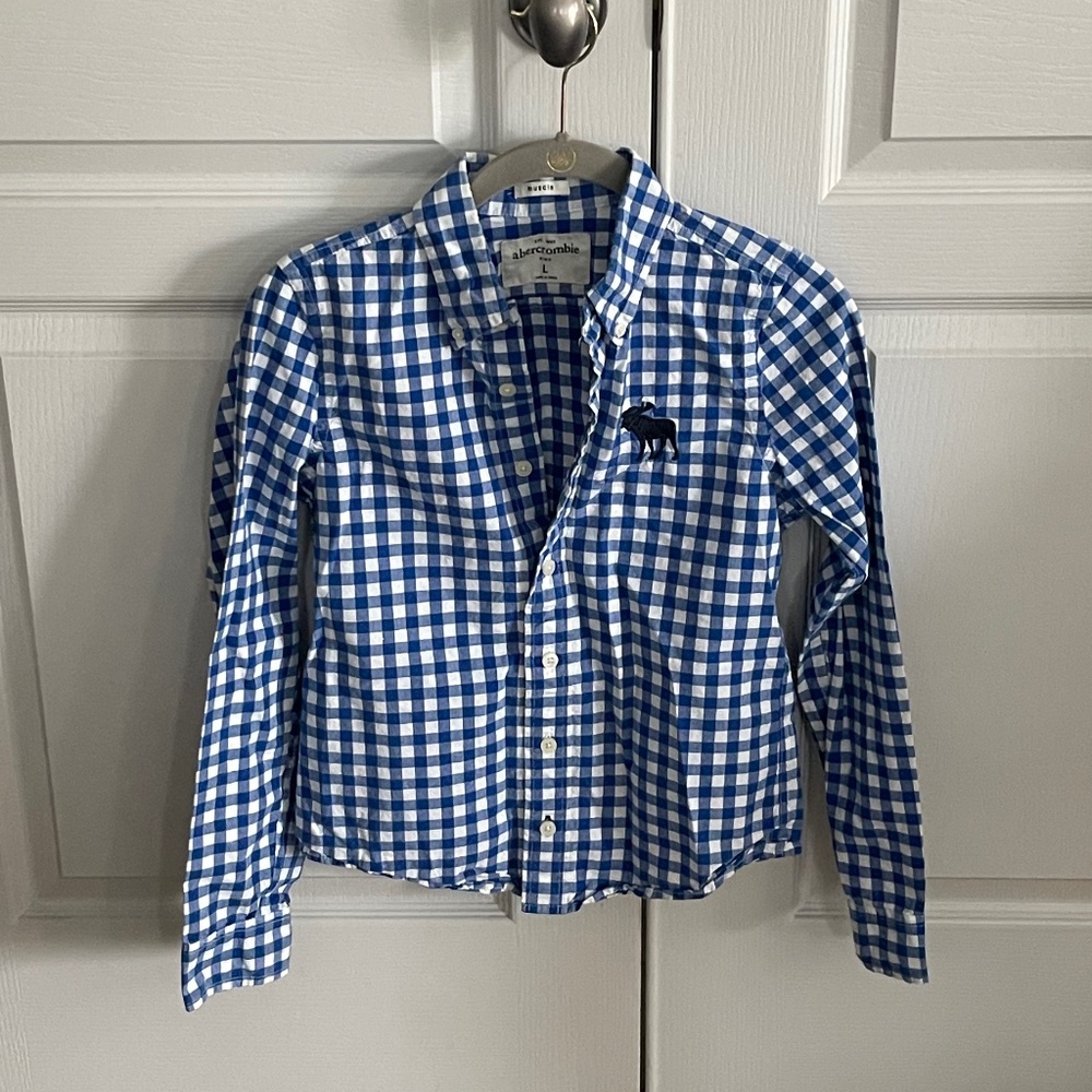 Abercrombie preppy blue check muscle fit boys button down shirt Sz L